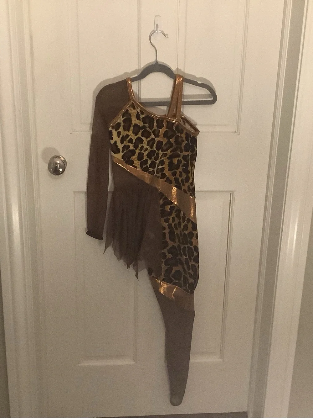Asymmetrical Leopard-Print One-Shoulder Jumpsuit with Gold Trim